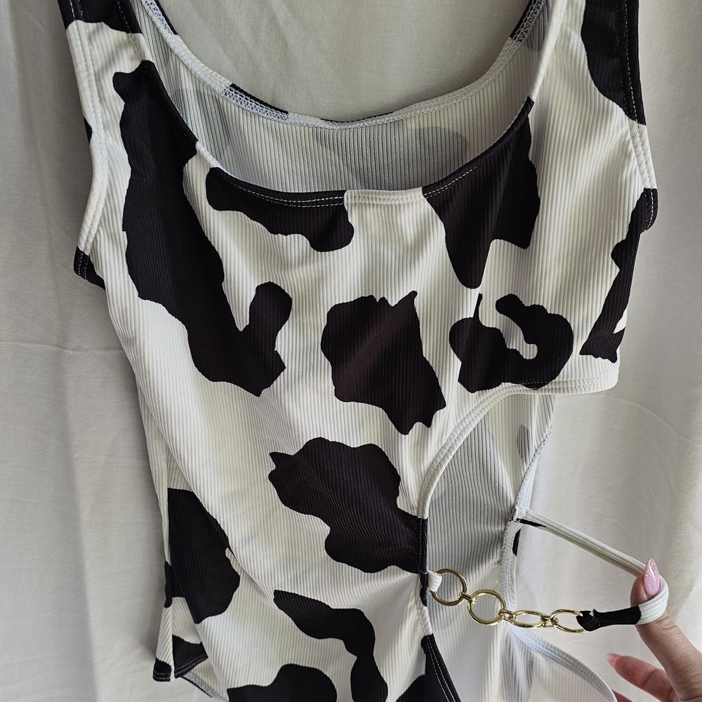 Cow Print One-Piece Swimsuit with Gold Ring Detail